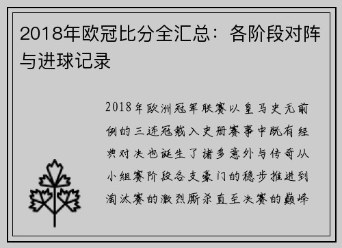 2018年欧冠比分全汇总：各阶段对阵与进球记录